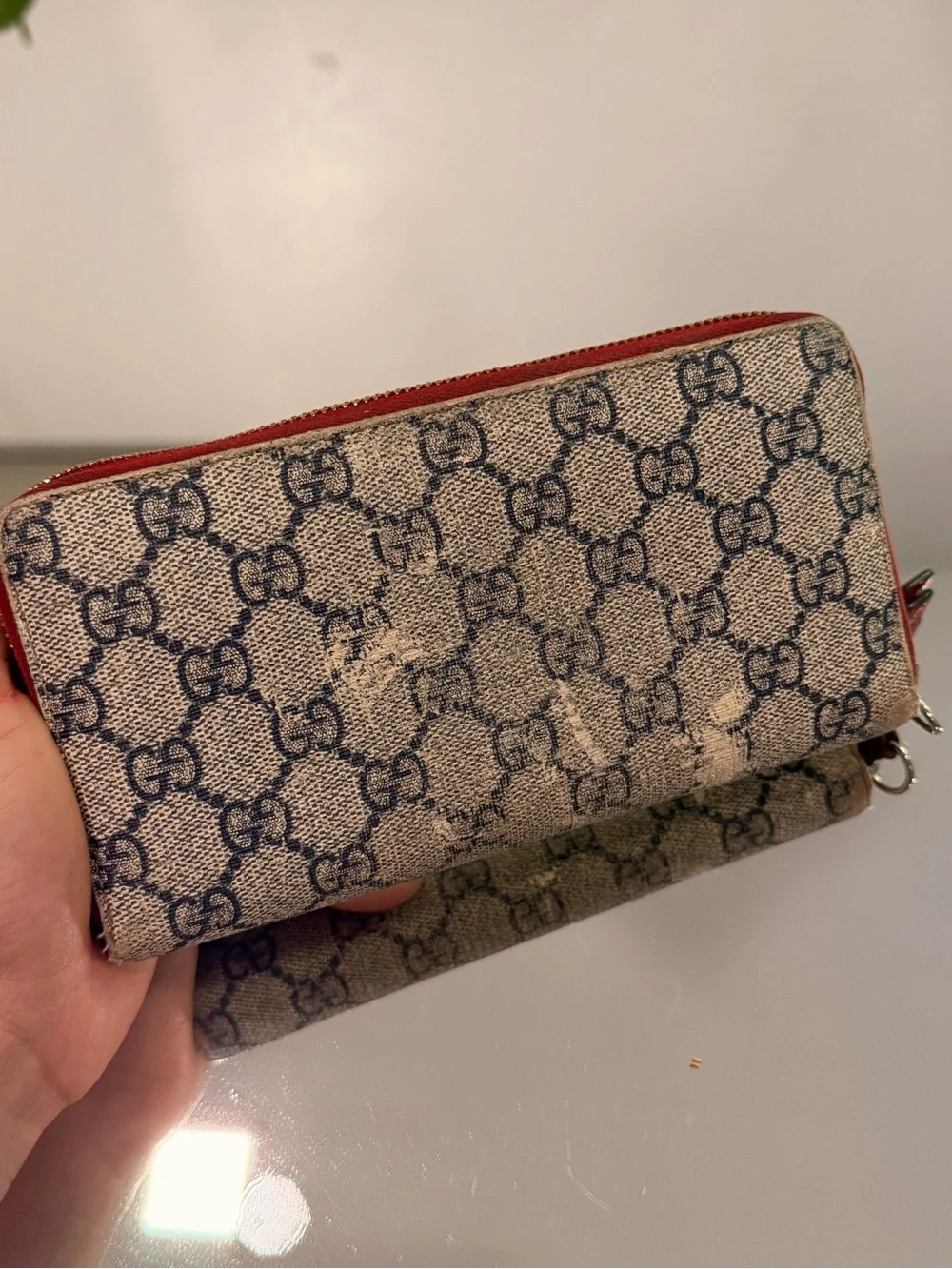 Gucci Beige Canvas Monogram Wallet with Navy and Red Bow